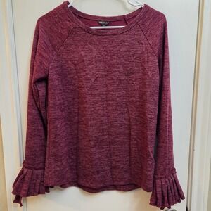 HANNAH Women's Burgundy Heathered Knit Bell Sleeve Ruffle Top Size S